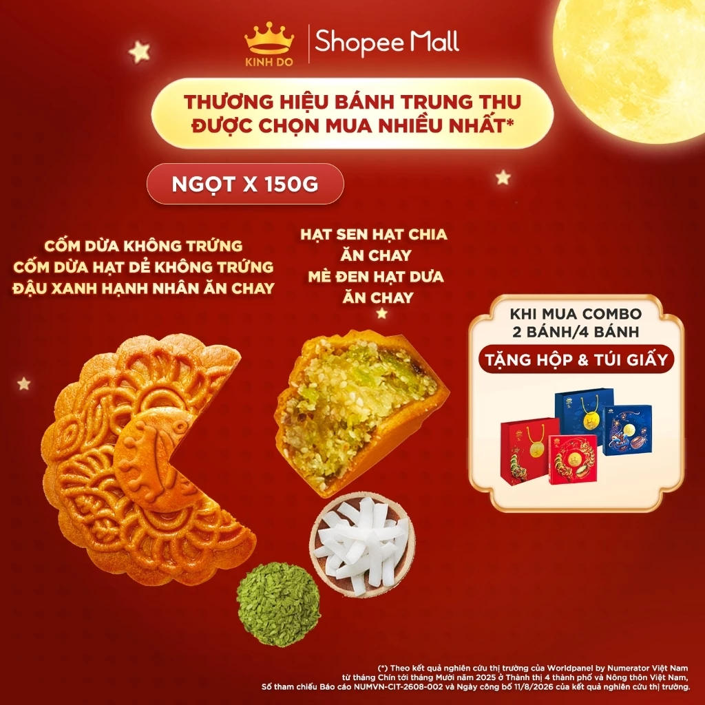 [KOL] Bánh trung thu Kinh Đô-Bánh nướng nhân ngọt không trứng 150g (CD/ ĐX hạnh nhân/ HS hạt chia/ Mè đen HD