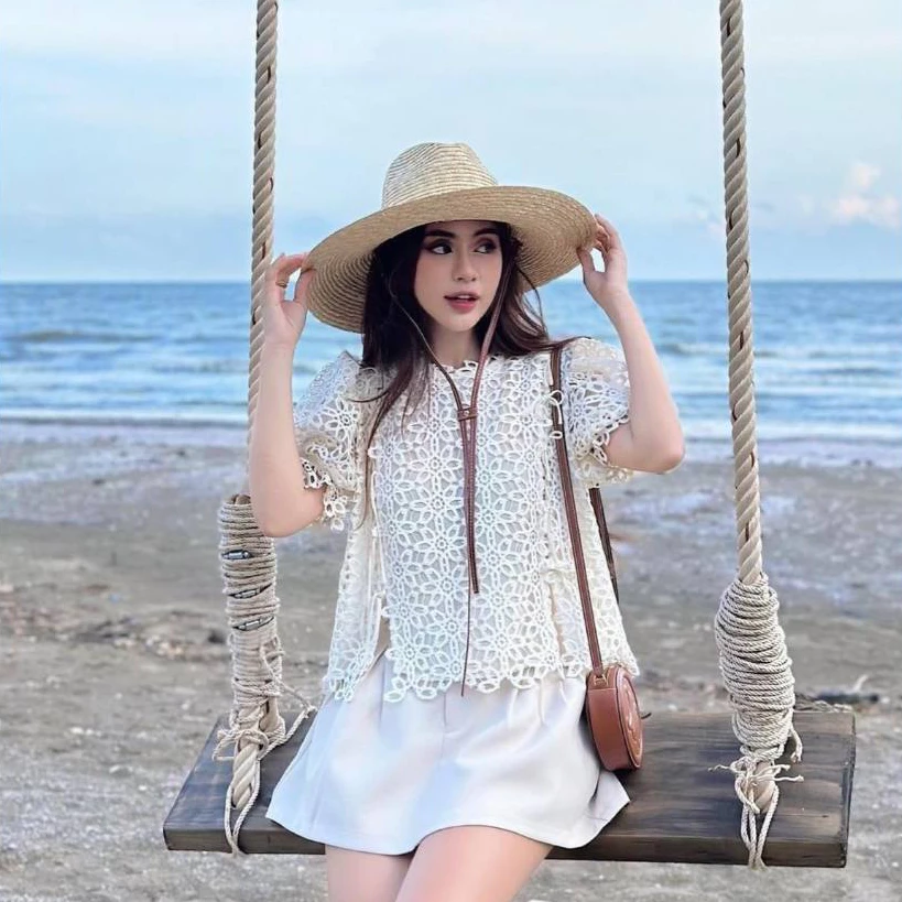 SET ÁO TAY BỒNG ĐÍNH NƠ REN HOA PHỐI CHÂN VÁY, SET ĐỒ NỮ, SET HÈ XINH DU LỊCH ĐI BIỂN | MEOINDAHOUSE