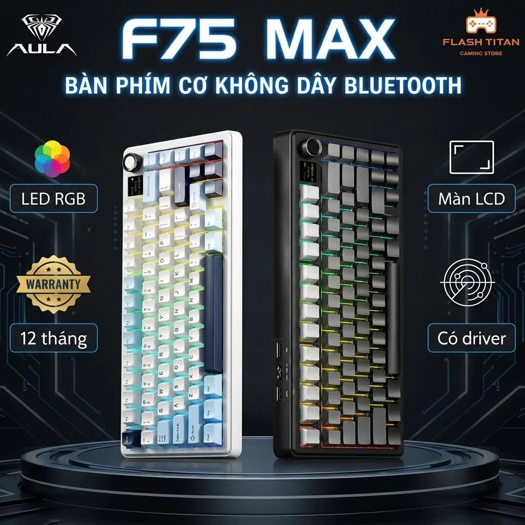 Bàn phím cơ không dây AULA F75 MAX kết nối bluetooth,Tích Hợp Màn LCD, Núm xoay, Dùng cho PC,laptop chơi game, văn phòng