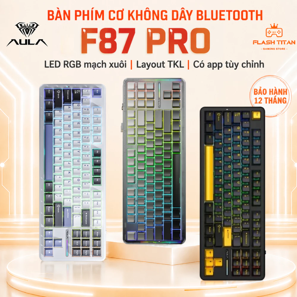 Bàn Phím Cơ Bluetooth AULA F87 Pro Kết Nối Không Dây, Layout 87 Phím Phổ Thông Dùng Cho PC, laptop Văn Phòng,Có Led RGB