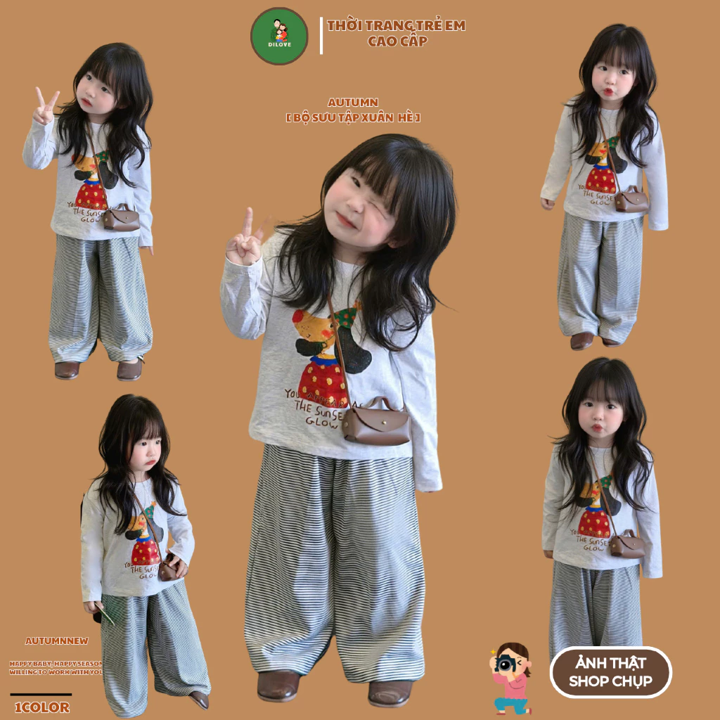 Bộ Quần Áo Dài Tay Cho Bé DILOVE Chất Liệu Cotton Co Giãn Thoáng Mát Quần Áo Thu Đông Cho Bé Set áo xám dài chó nâu- B5