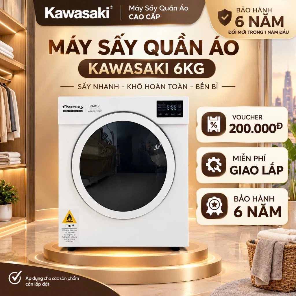 Máy sấy quần áo PVL - bản 6kg cảm ứng, Kawasaki cao cấp, sấy khô trong 30 - 90p, máy sấy công nghệ cao - Bảo Hành 6 Năm