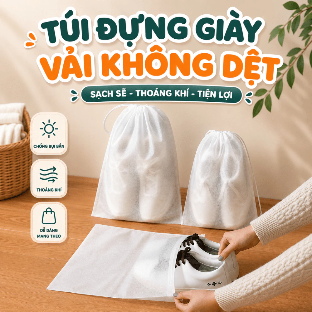 Túi Đựng Giày Vải Không Dệt Dây Rút Chống Bụi, Túi Bọc Giày Dép Du Lịch Đa Năng Cỡ Lớn 32x48cm