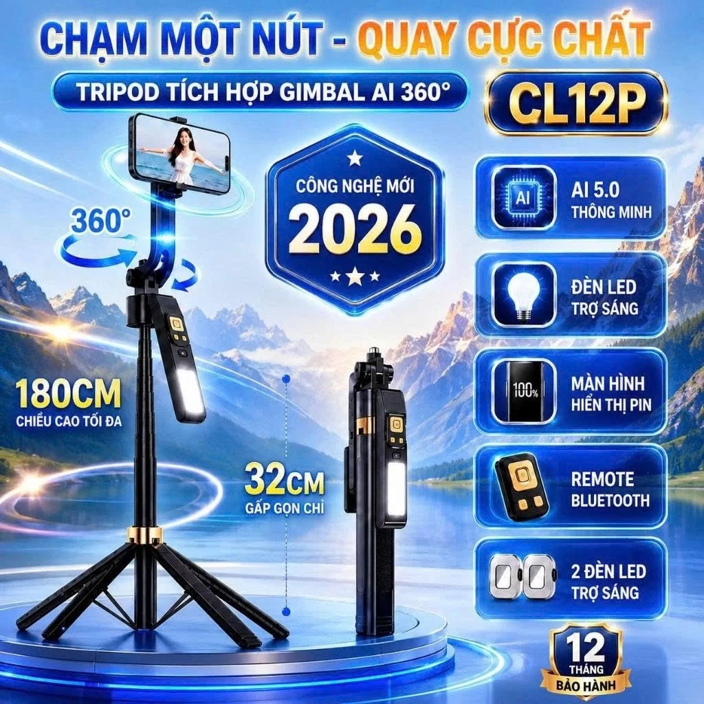 Cây Quay Video Điện Thoại CL12P, tự động theo dõi khuôn mặt, Bluetooth