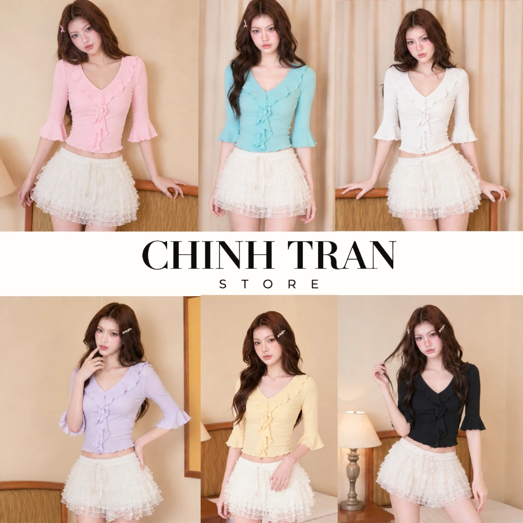 Áo Thun Cổ V Tay Loe Phối Viền Bèo Nữ Tính Dễ Thương CHINH TRAN STORE