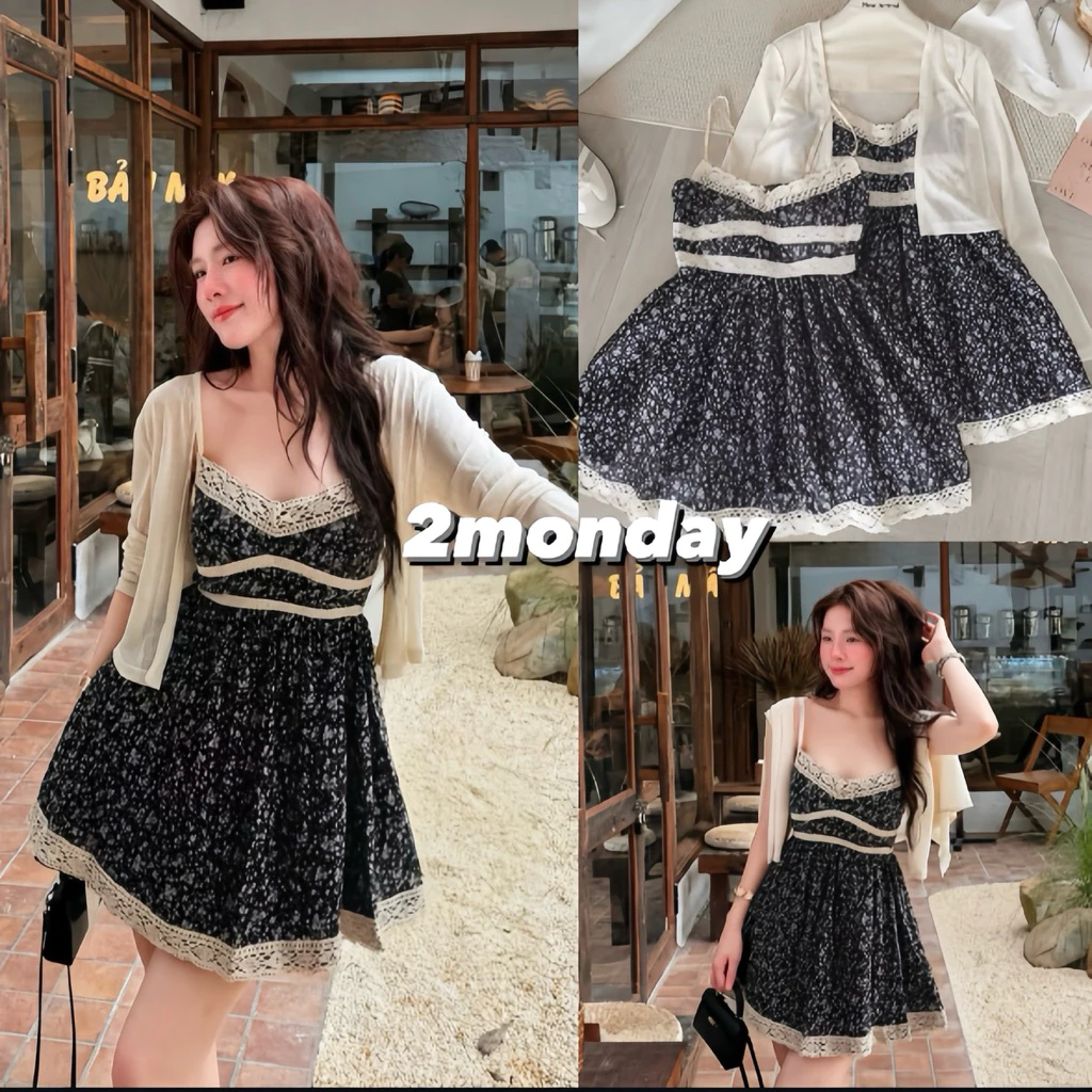[LOẠI 1/ TẶNG QUẦN] SET VÁY HAI DÂY HOA NHÍ PHỐI REN CỔ V MIX ÁO KHOÁC MỎNG ĐIỆU ĐÀ 2MONDAY S87