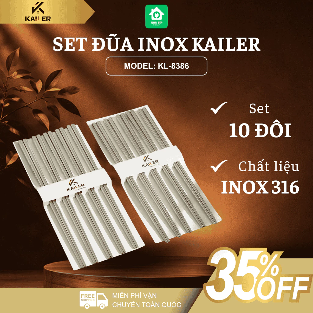 Hộp 10 Đũa Ăn Cơm Inox 316, Đũa Inox Chống Trượt Kailer Cao Cấp Chống Mốc, Chống Trơn Trượt - Nhà Bếp Thiên Hà