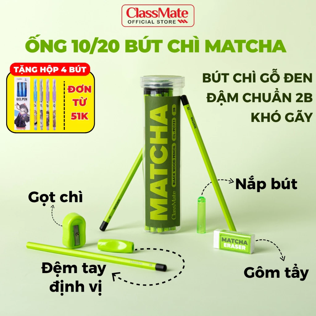 Hộp 10/20 Bút Chì 2B Matcha Classmate Kèm Gọt Chì Gôm Tẩy, Bút Chì Gỗ Đen Cao Cấp Chì Đậm Chuẩn 2B Ngòi Chì Cứng Khó Gãy