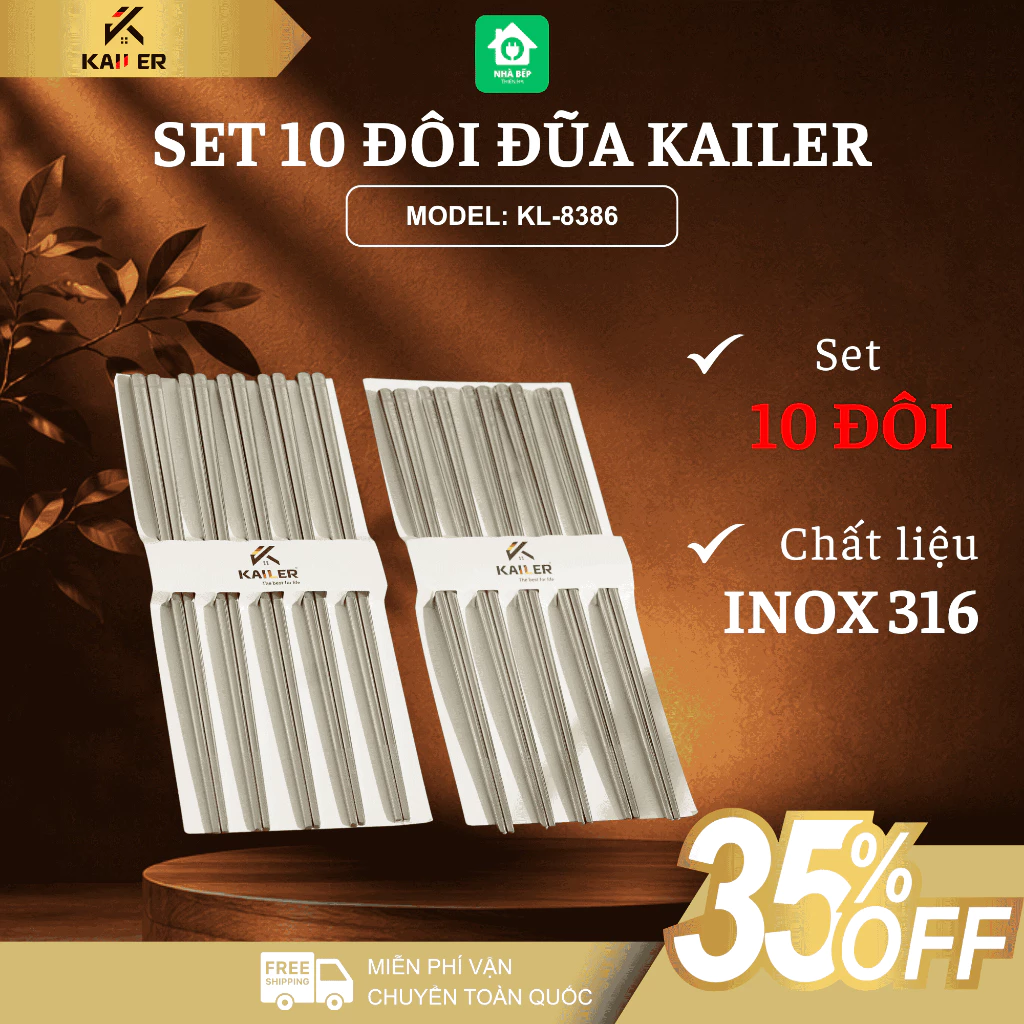 Set 10 Đôi Đũa Inox Kailer KL-8386 Đầu Đũa Chống Trơn Trượt, Hộp Đựng Sang Trọng - Nhà Bếp Thiên Hà