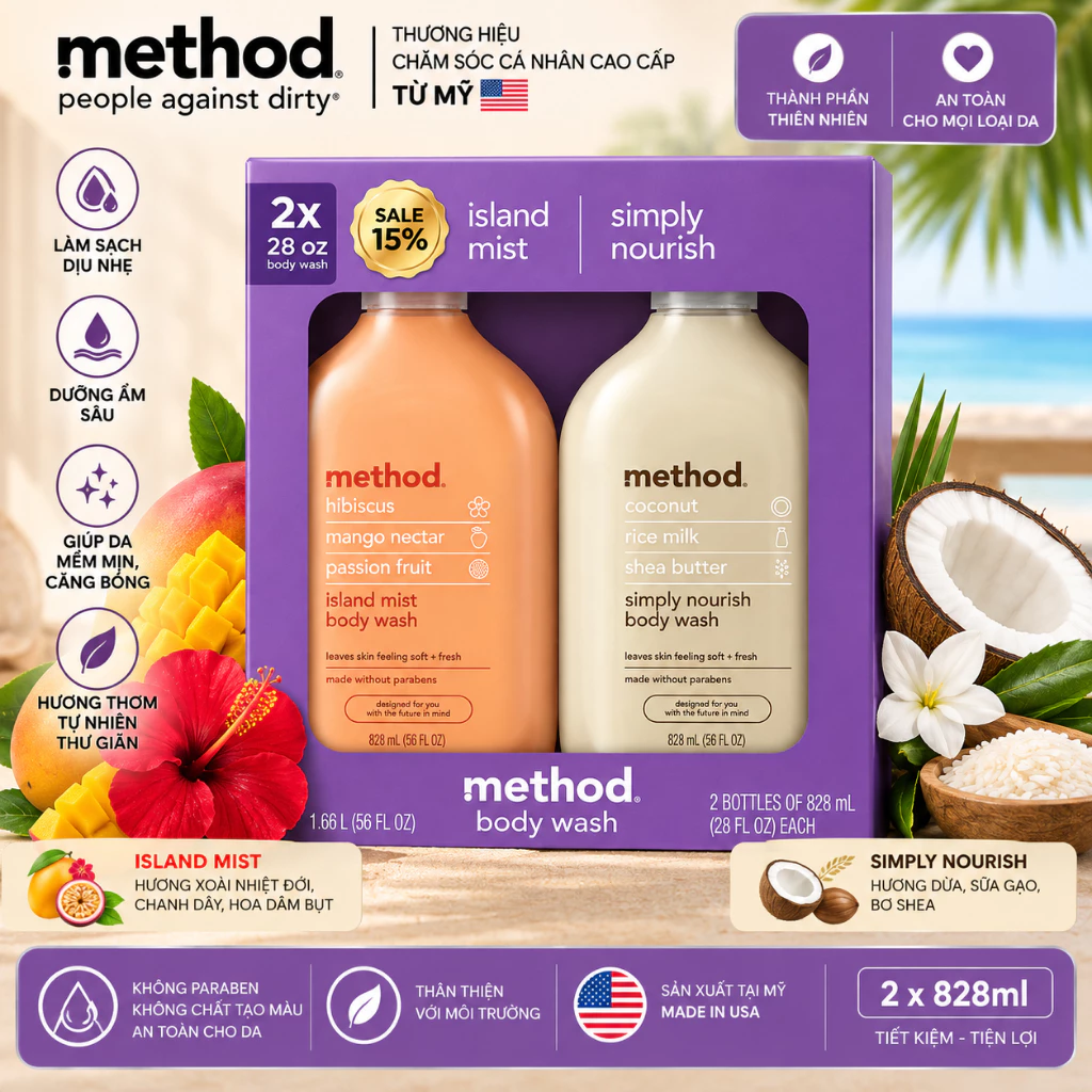Set sữa tắm Method (2 x 828ml - Mỹ) giúp dưỡng da mềm mịn, căng bóng, giữ ẩm cho da