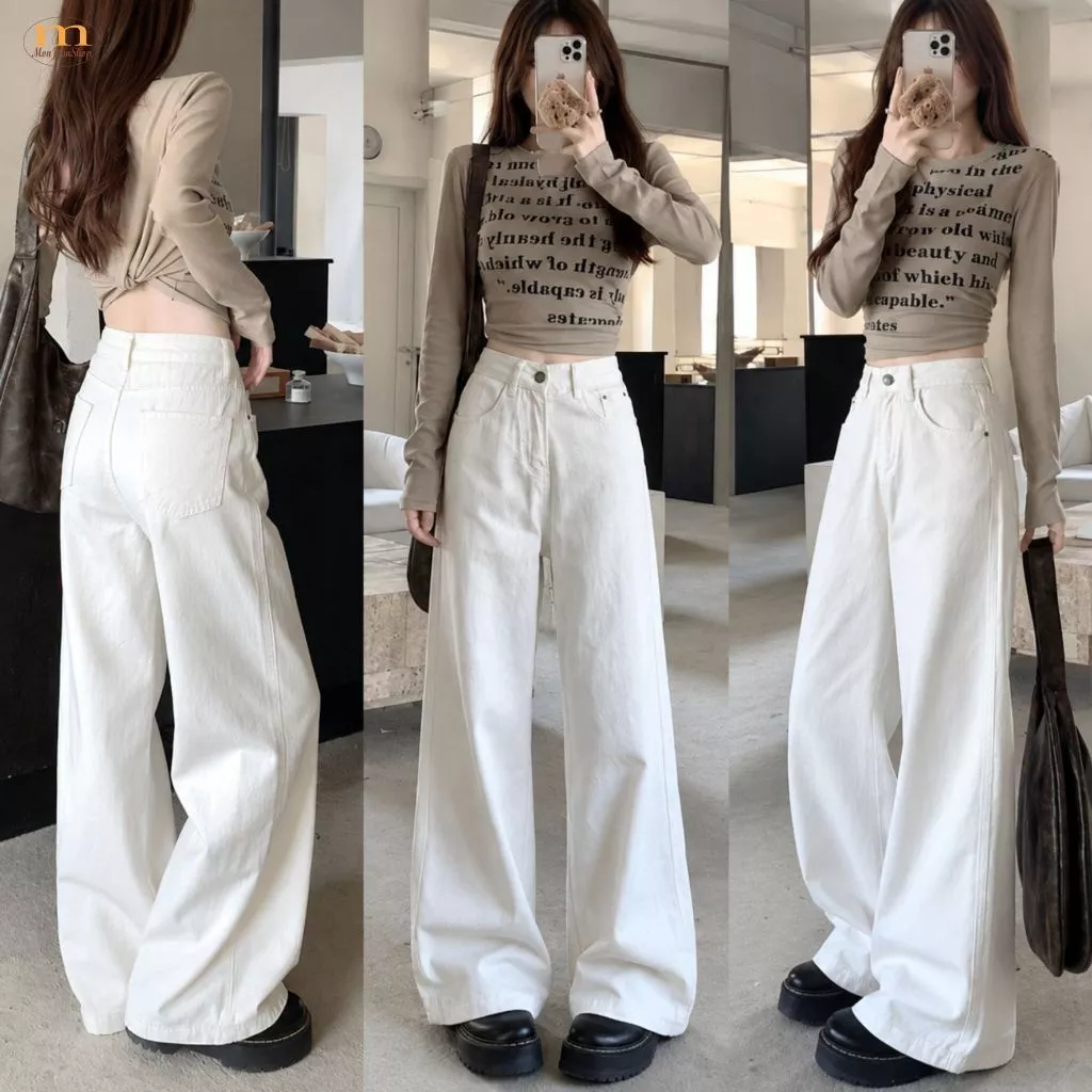 Quần Jean Nữ Ống Rộng Bigsize 40-90kg Lưng Cao Trơn Đơn Giản Dễ Phối Đồ, Quần Bò Nữ Bigsize Ms1050