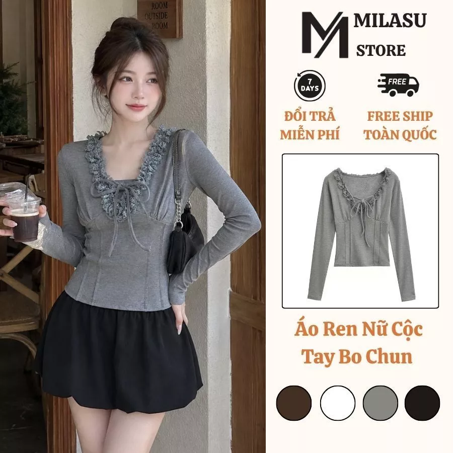 Áo Thun Cổ V Bèo Dài Tay Ôm Body Milasu Áo Kiểu Thắt Dây Nơ Co Giãn Mềm Mịn 564