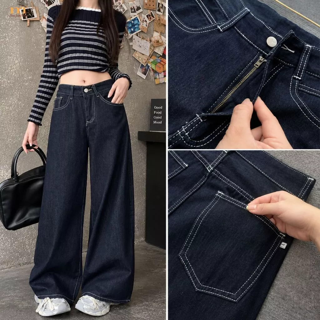 Quần Jean nữ dài ống suông rộng Bigsize 55-90kg lưng cao phối nắp túi thiết kế đơn giản sang trọng Ms377