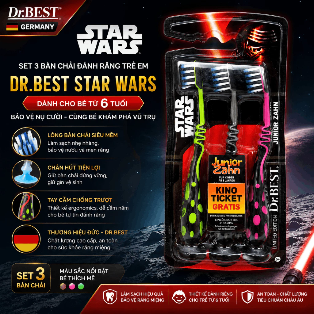 Set 3 bàn chải đánh răng trẻ em Dr.BEST Star Wars Đức cho bé từ 6 tuổi lông mềm chân hít tiện lợi