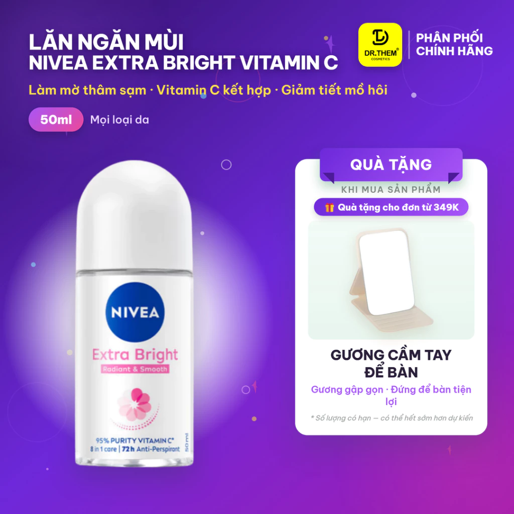Lăn Ngăn Mùi Nivea Extra Bright Vitamin C Sáng Mịn 50ml - Giảm Thâm Sạm, Se Khít Lỗ Chân Lông, Ngăn Mùi 72H (83747)