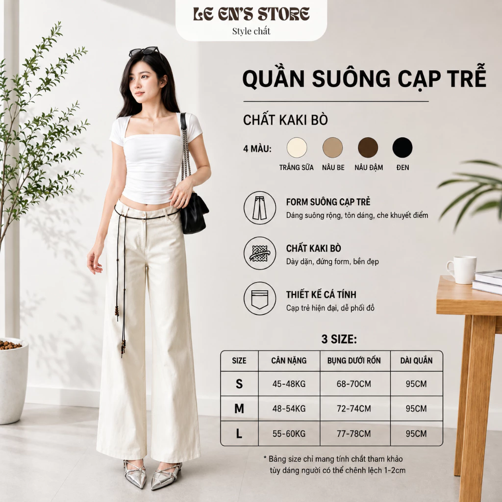 Quần ống suông nữ dài 95cm cạp trễ nữ chất kaki bò, quần ống ống rộng kèm dây rút hạt-Q143