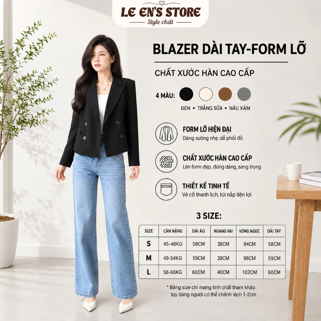 Áo blazer nữ tay dài form lỡ chất xước Hàn loại dày xịn, áo vest nữ dáng suông thanh lịch basic