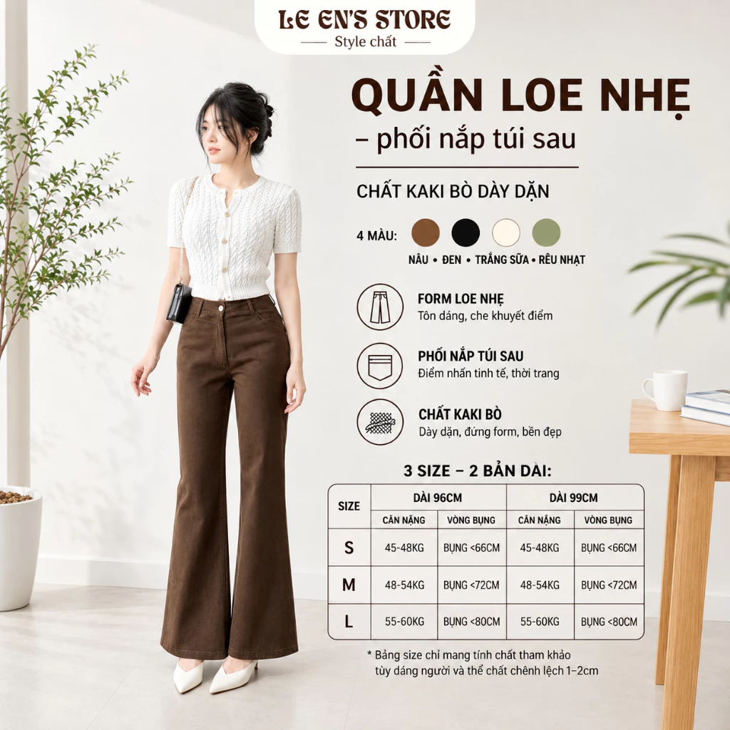 Quần ống loe nữ phối nắp túi sau chất Kaki dày dặn loại 1, quần kaki bò ống loe dáng dài tôn dáng
