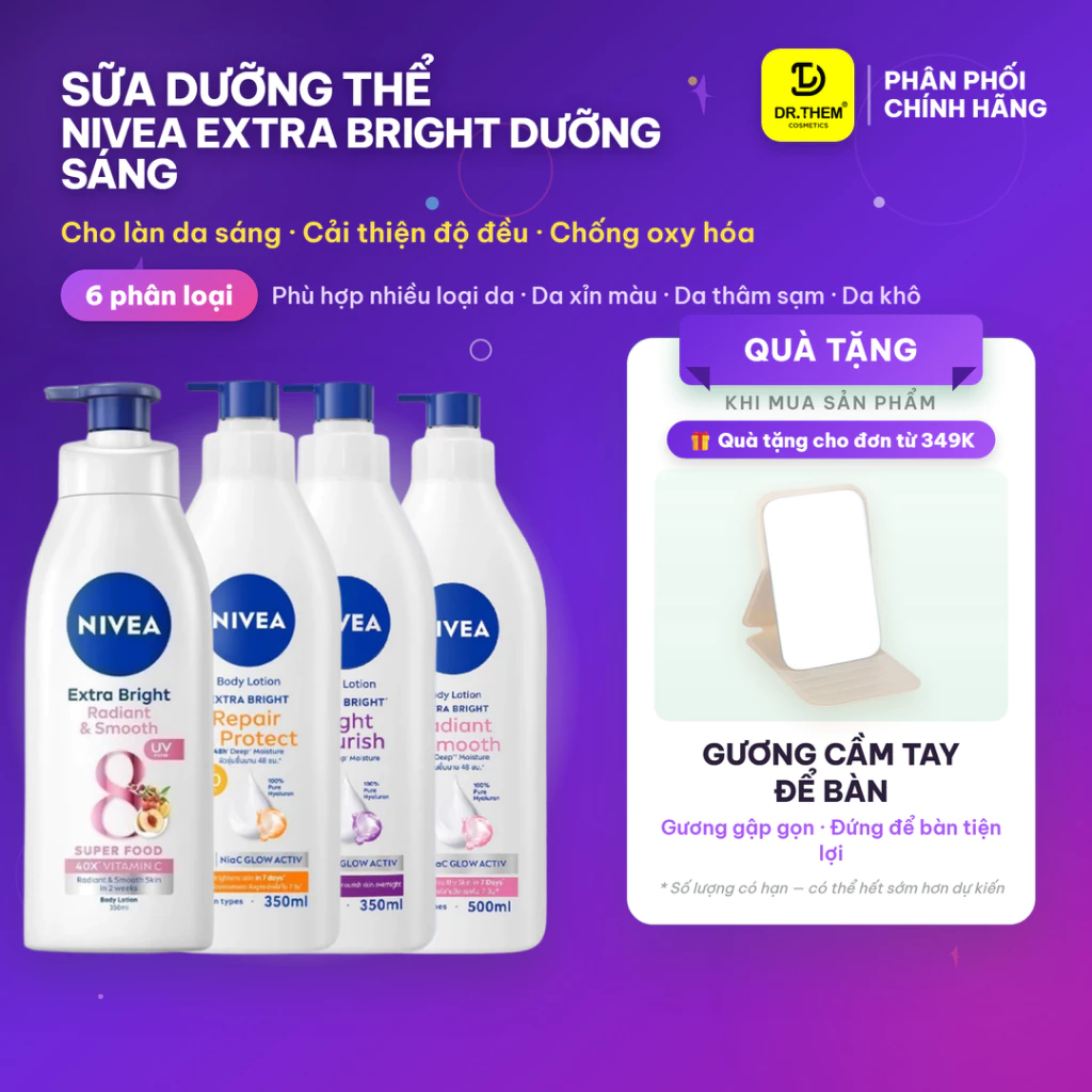 Sữa Dưỡng Thể Nivea Extra Bright Dưỡng Sáng Ngày & Đêm - Radiant Smooth, Chống Nắng SPF30, Serum 8 Super Foods - Dr Têm