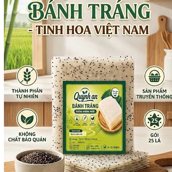Bánh Tráng Mè Đen Quỳnh An Không Cần Nhúng Nước (Gói 25 Lá) - Bánh Tráng Cuốn Dẻo Thơm Ngon Đặc Sản