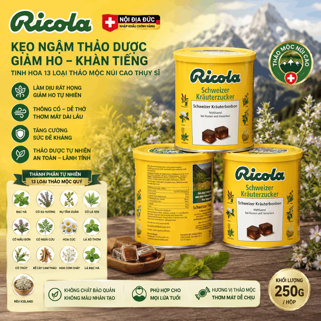 Kẹo ngậm thảo dược Ricola Đức hộp 250g giảm ho khan rát họng khàn tiếng cho cả gia đình
