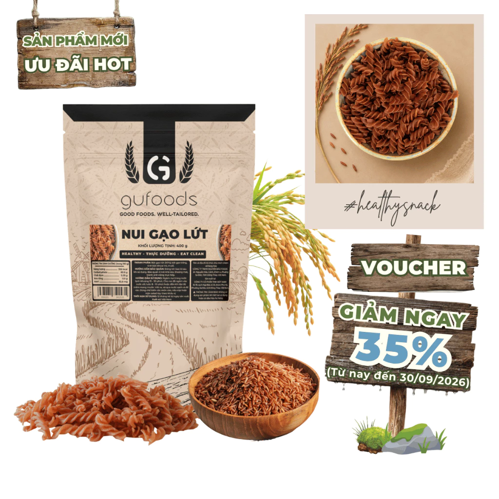 Nui gạo lứt GUfoods - Dai ngon tự nhiên, Healthy, Eat clean, Thực dưỡng, Thuần chay (túi zip 400g)