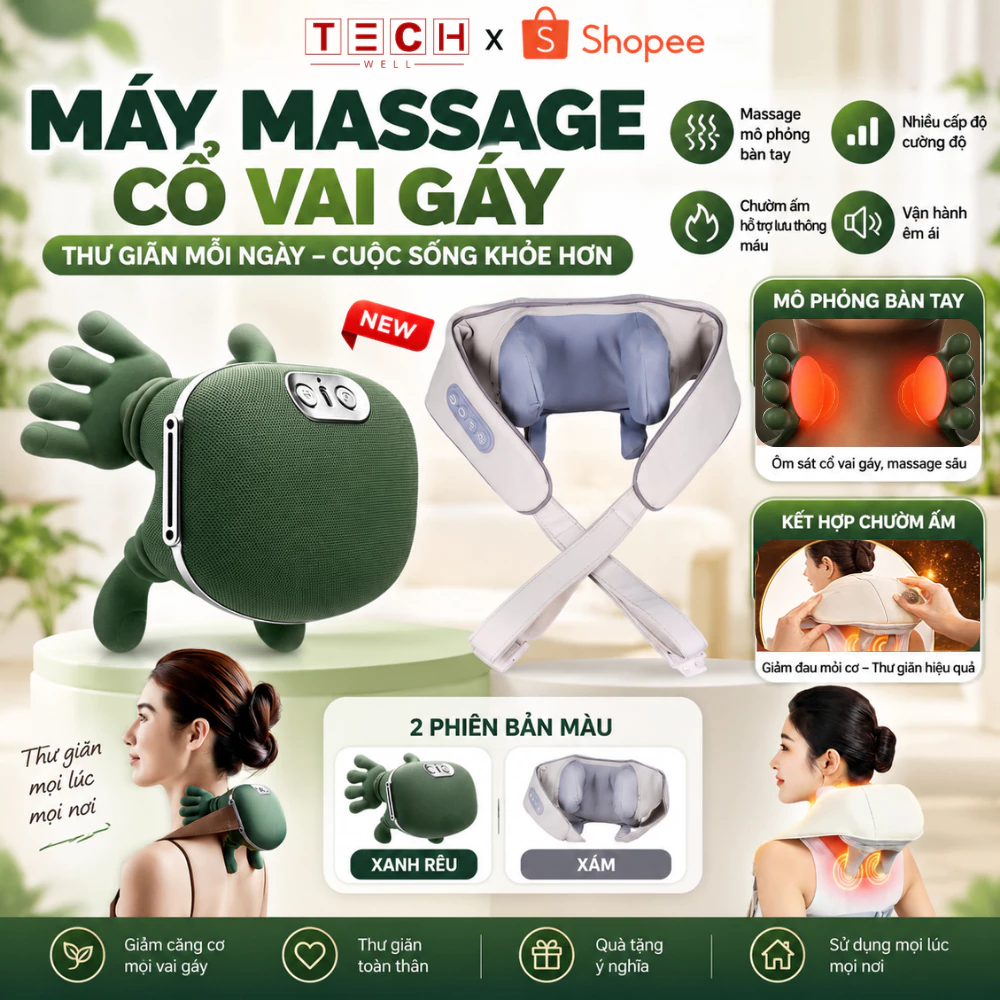 Máy Massage Cổ Vai Gáy Mô Phỏng Bàn Tay Kết Hợp Chườm Ấm, Massage Trị Liệu Giảm Đau Mỏi Cơ Hiệu Quả