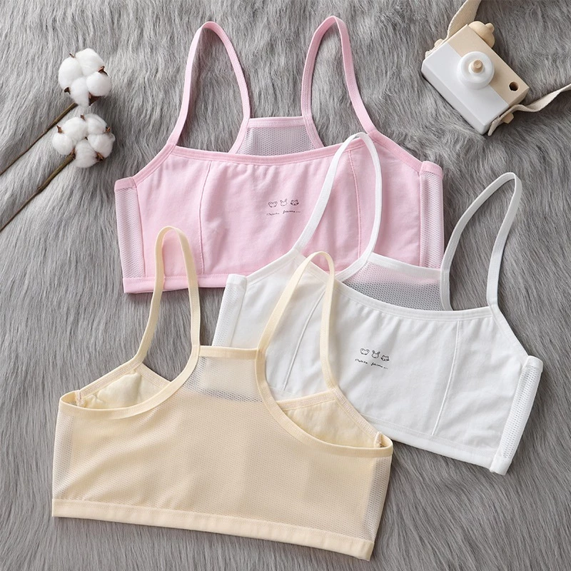 Áo lá bé gái cotton phối lưới thoáng khí, Áo lót học sinh 2 dây mảnh họa tiết xinh xắn HOMEBRA A108