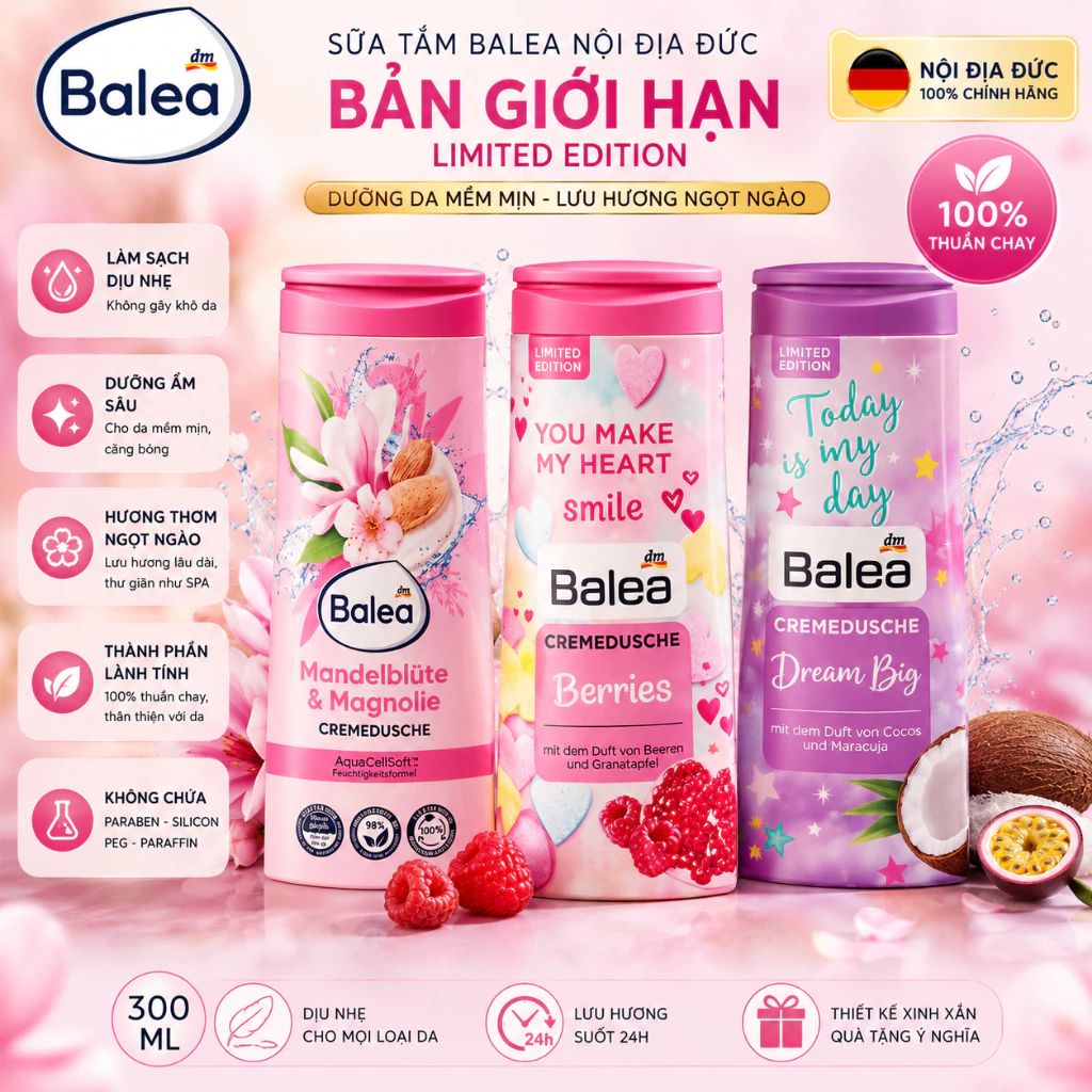 Sữa tắm Balea Đức phiên bản giới hạn Limited Edition 300ml thuần chay cấp ẩm mịn da lưu hương lâu