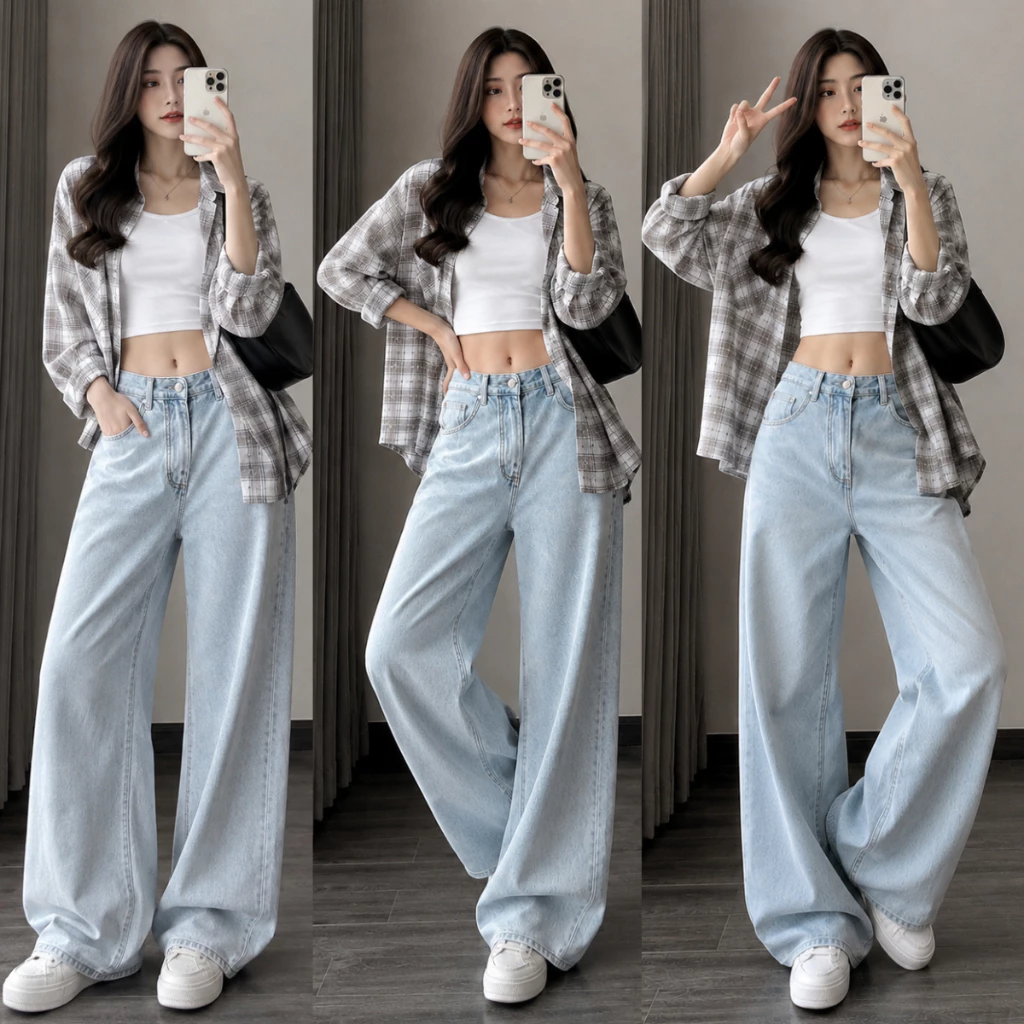 [ HÀNG MỚI VỀ] Quần Jean Nữ ống Suông RỘNG MIAA dài 95-100cm màu Xanh Trắng chất DENIM Cạp CAO