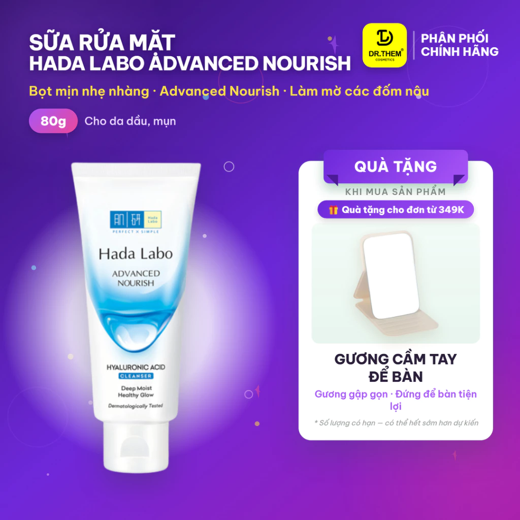 Sữa Rửa Mặt Hada Labo Advanced Nourish Cleanser 80g - Kem Rửa Mặt Dưỡng Ẩm Tối Ưu HA, SHA, Nano HA Cho Da Khô