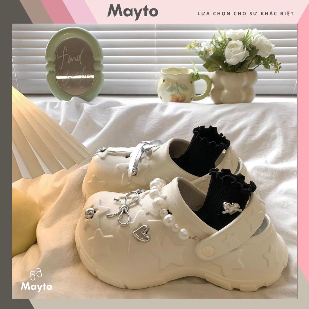 Dép nữ, dép sục Mayto đế cao 6cm đúc nổi ngôi sao kèm sticker dây ngọc dễ thương có quai hậu CS-311