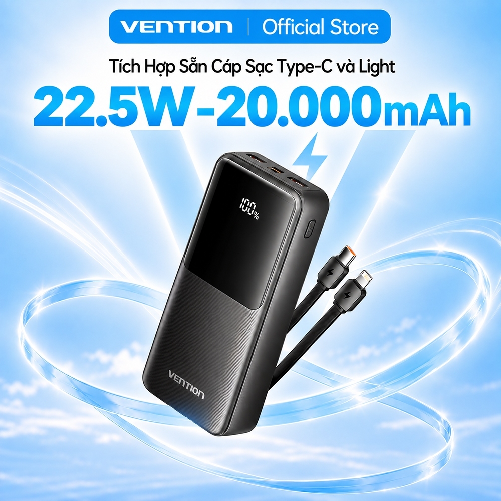 Pin Sạc Dự Phòng 22.5W 20000mAh Vention,Tích Hợp Cáp Type-C Và Light, Sạc…