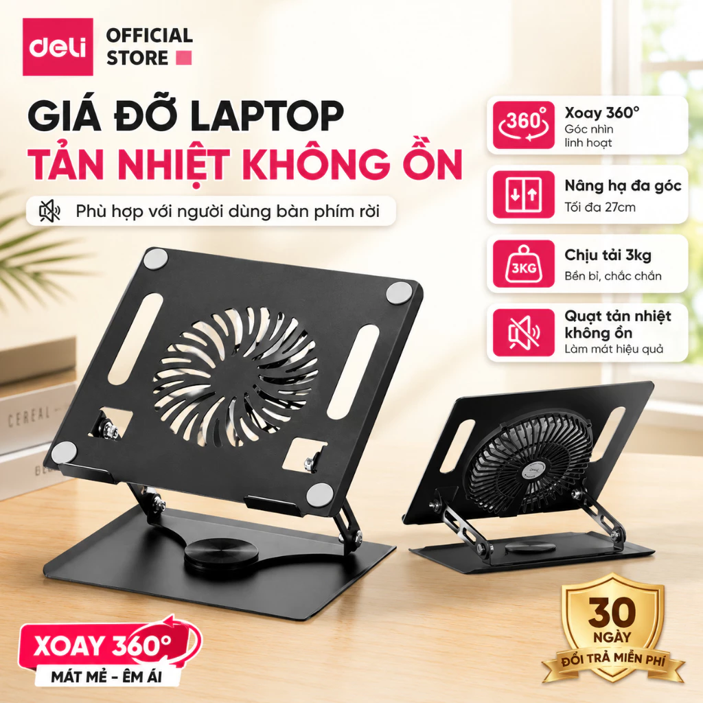 Giá Đỡ Laptop Tản Nhiệt Deli Giá Đỡ Laptop Kèm Quạt Tản Nhiệt Chống Nóng Không Tiếng Ồn Nâng Hạ Đa Góc Xoay 360 độ