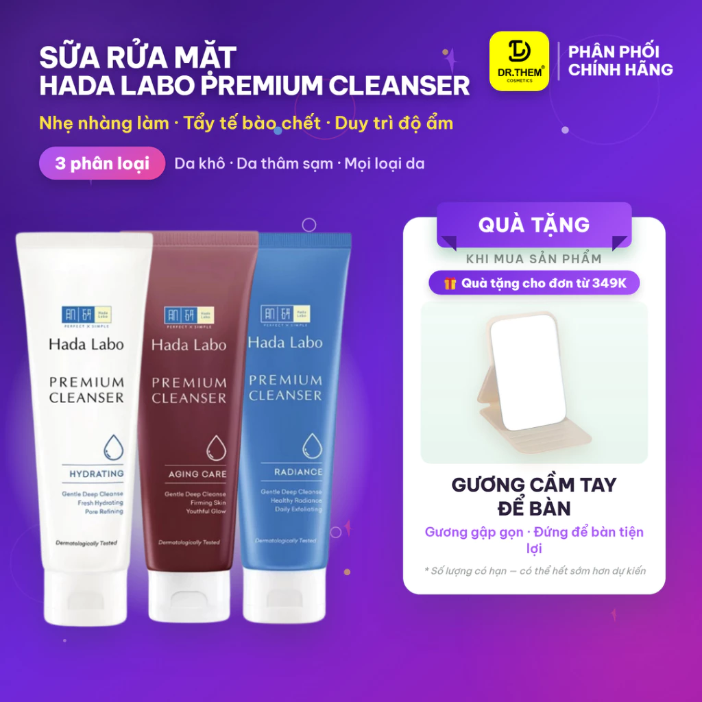 Sữa Rửa Mặt Hada Labo Premium Cleanser 100g - 3 Loại: Hydrating Dưỡng Ẩm, Radiance Dưỡng Sáng, Aging Care - Dr Thêm