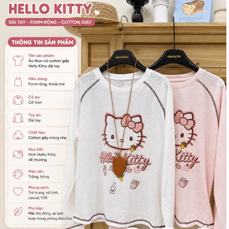 Áo Giấy Nữ Dài Tay Cổ tròn, Áo Thun Nữ Đẹp, Áo Thun Giấy Cotton Mèo Hello Kitty in 2 mặt