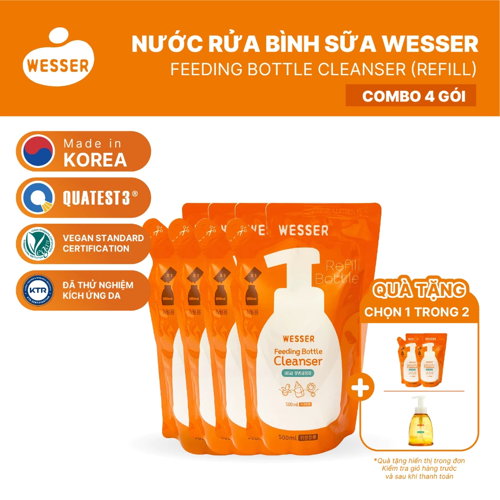 COMBO 4 GÓI Nước rửa bình sữa thuần chay cho bé Wesser gói 500ml (Nhập khẩu Hàn Quốc) an toàn rửa rau củ và đồ chơi