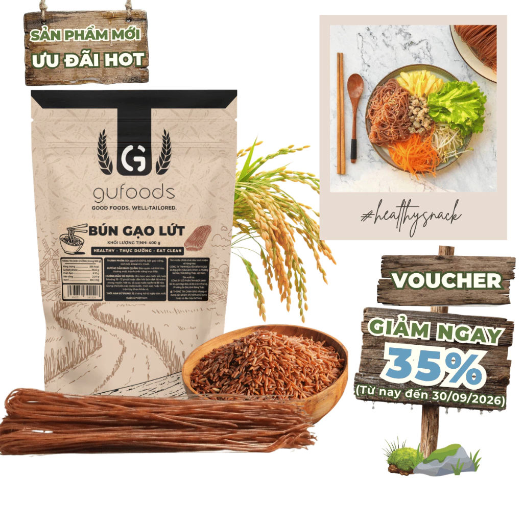 Bún gạo lứt GUfoods - Dai ngon tự nhiên, Healthy, Eat clean, Thực dưỡng, Thuần chay (túi zip 400g)