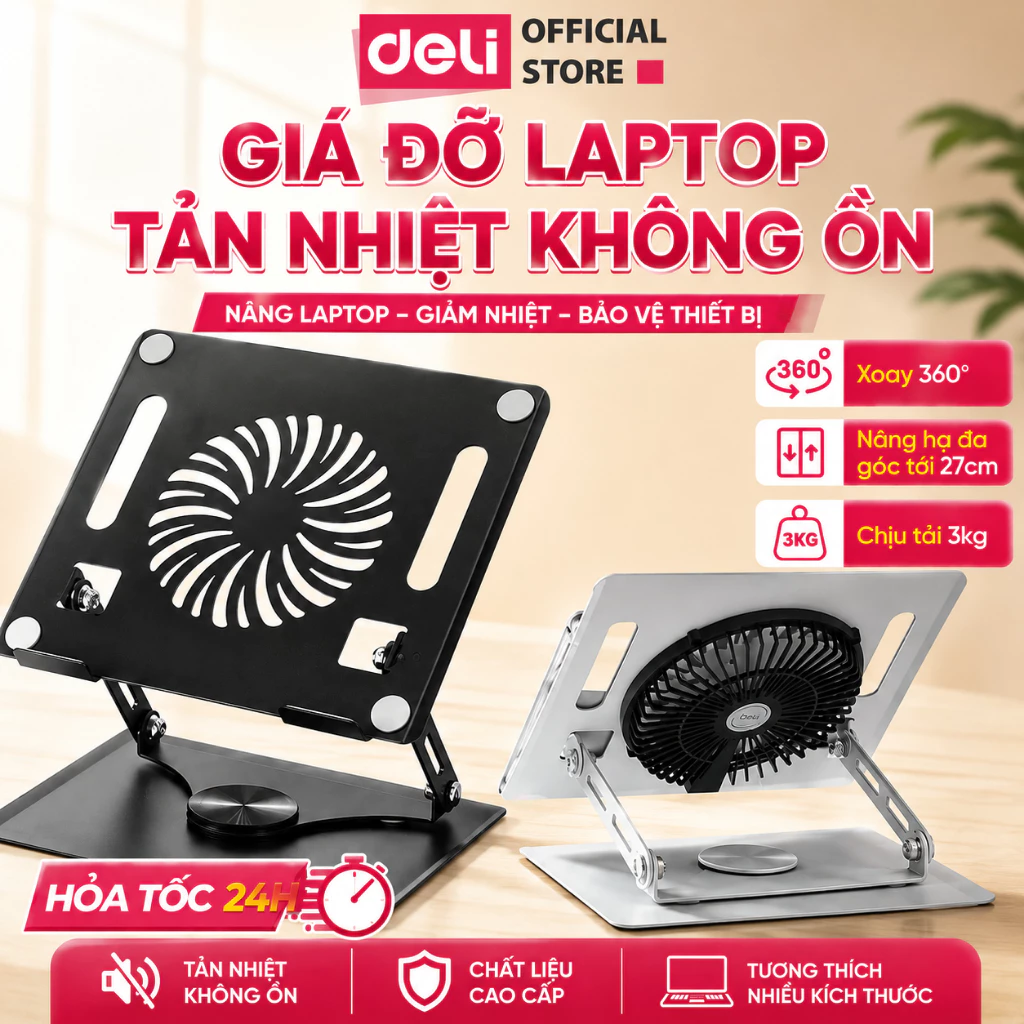 Giá Đỡ Kèm Quạt Tản Nhiệt Không Tiếng Ồn DELI Giá Đỡ Laptop Hợp Kim Nhôm Chịu Lực Tốt Cho Máy Tính Ipad Macbook Laptop