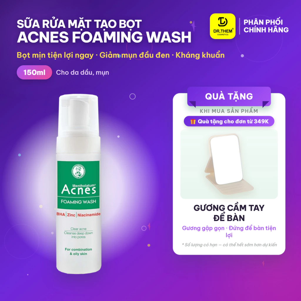 Sữa Rửa Mặt Tạo Bọt Acnes Foaming Wash 150ml - Ngăn Ngừa Mụn, Sạch Sâu BHA Cho Da Dầu, Lỗ Chân Lông To - Dr Thêm