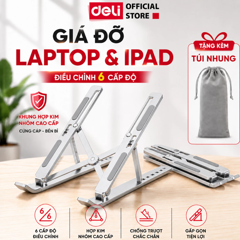 Giá Đỡ Laptop Full Đệm Deli Chất Liệu Hợp Kim Nhôm 6 Nấc Điều Chỉnh Kệ Máy Tính Giá đỡ Cho Máy Tính Laptop Ipad MacbooK