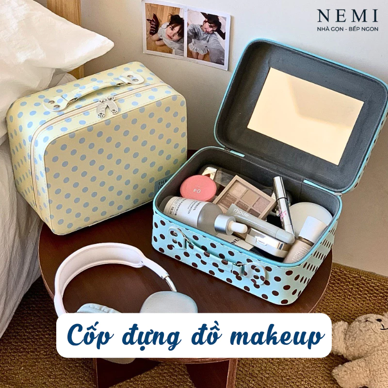 Túi Đựng Đồ Trang Điểm Chống Thấm Chấm Bi Nemi Da PU Có Gương, Hộp Đựng Đồ Vệ Sinh Cá Nhân Du Lịch