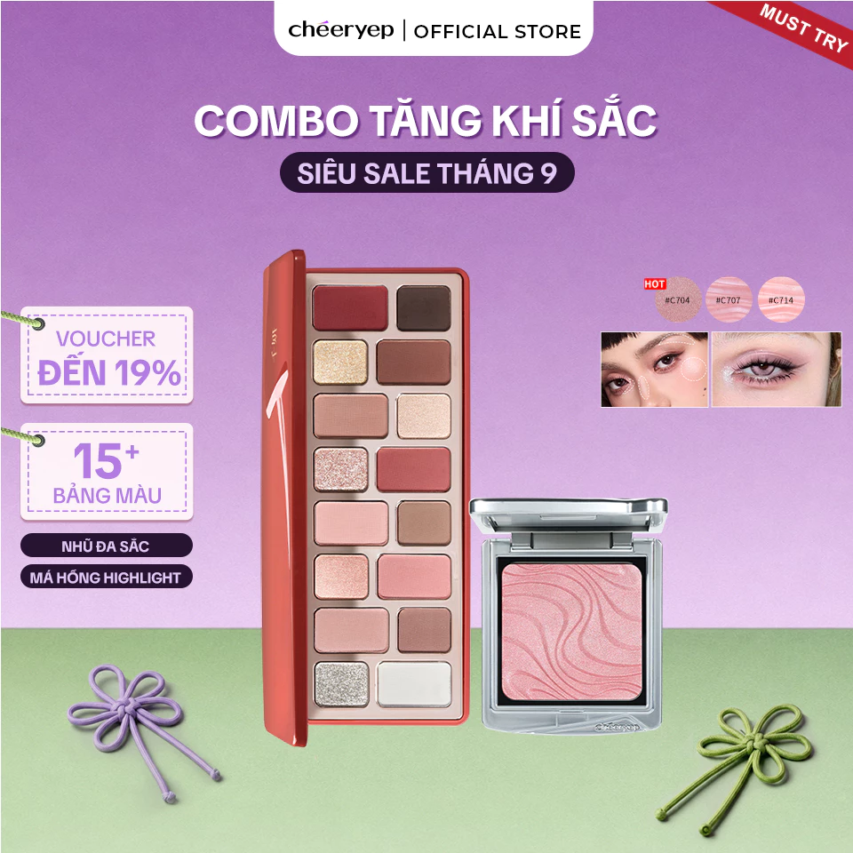 Cheeryep Combo Bảng Phấn Mắt 16 Màu + Má Hồng Trang Điểm Mắt & Má Hồng Đa Sắc Màu Lâu Trôi Mềm Mịn