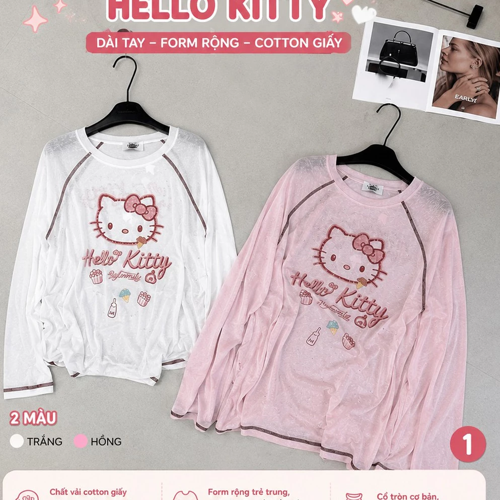 Áo Giấy Nữ Dài Tay Áo Thun Cotton Hello Kitty form rộng cổ tròn Hot Thu đông 2026
