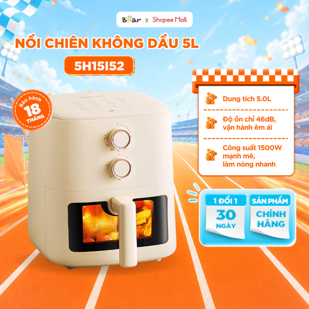 Nồi Chiên Không Dầu BEAR 5L Mặt Kính Trong Suốt, Khay Lơ Lửng Không Cần Lật Mặt 1500W - AF-5H15I52