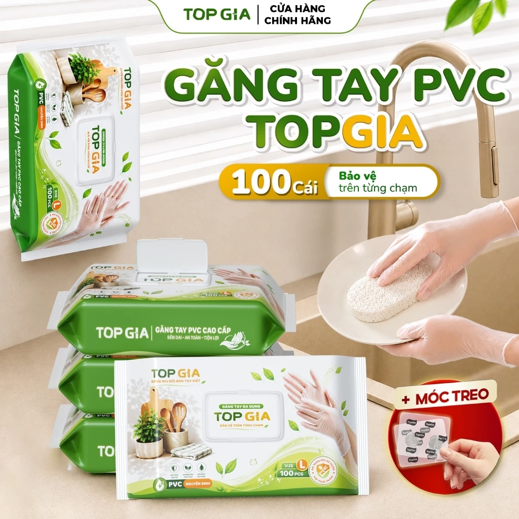 (BỀN DAI- TIỆN LỢI) Găng tay PVC TOPGIA bịch lớn 100 cái cao cấp tặng móc treo thiết kế thông minh an toàn với thực phẩm