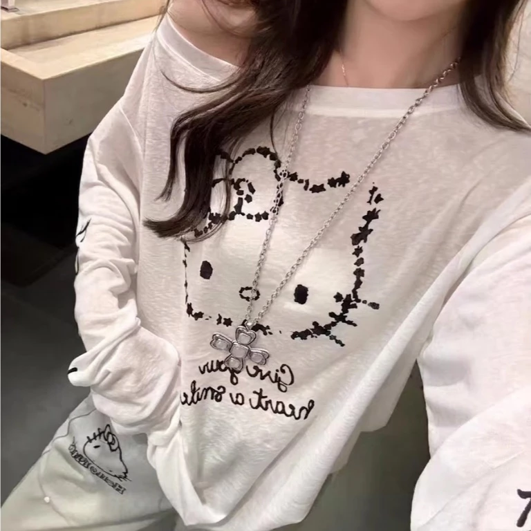 Áo Giấy Nữ Dài Tay Lệch Vai Áo Thun Cotton Hello Kitty Áo Thun Nữ Đẹp Hot Trend Thu Đông 2026