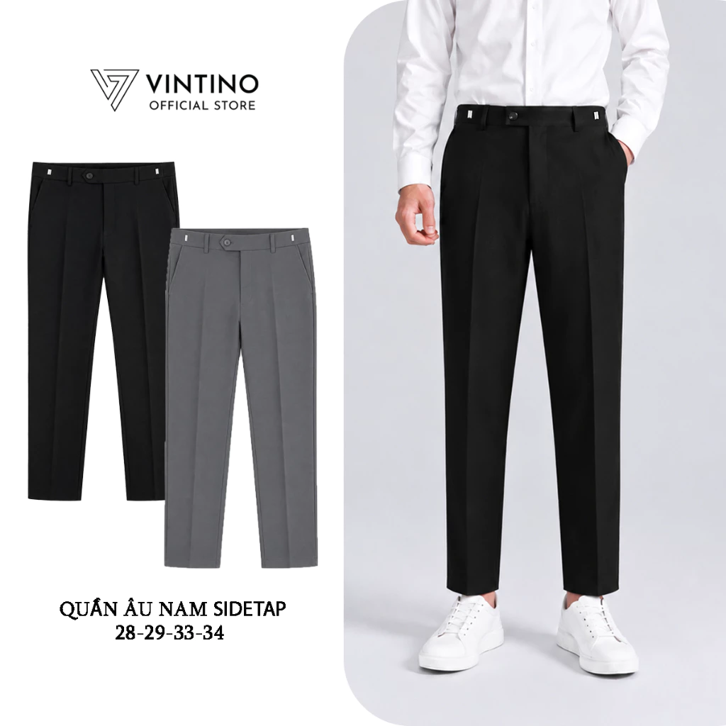 Quần âu nam sidetab VINTINO ống suông đen dáng baggy có đai chỉnh eo công sở QTCAP