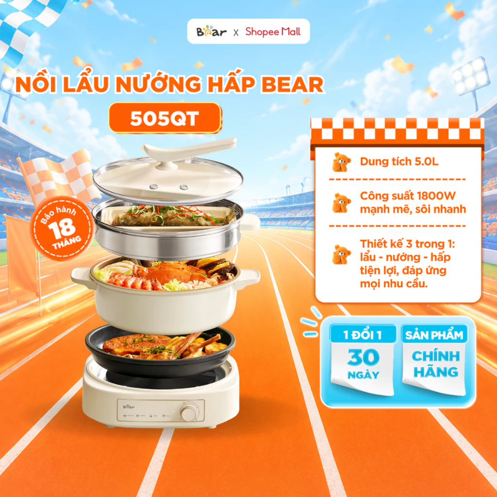 Nồi Lẩu Nướng Hấp Bear 5.0L Nồi Điện Đa Năng 3 in 1 Nổi Lẩu Nướng Điện Hấp Thức Ăn Thiết Kế Tách Rời HOP-505QT