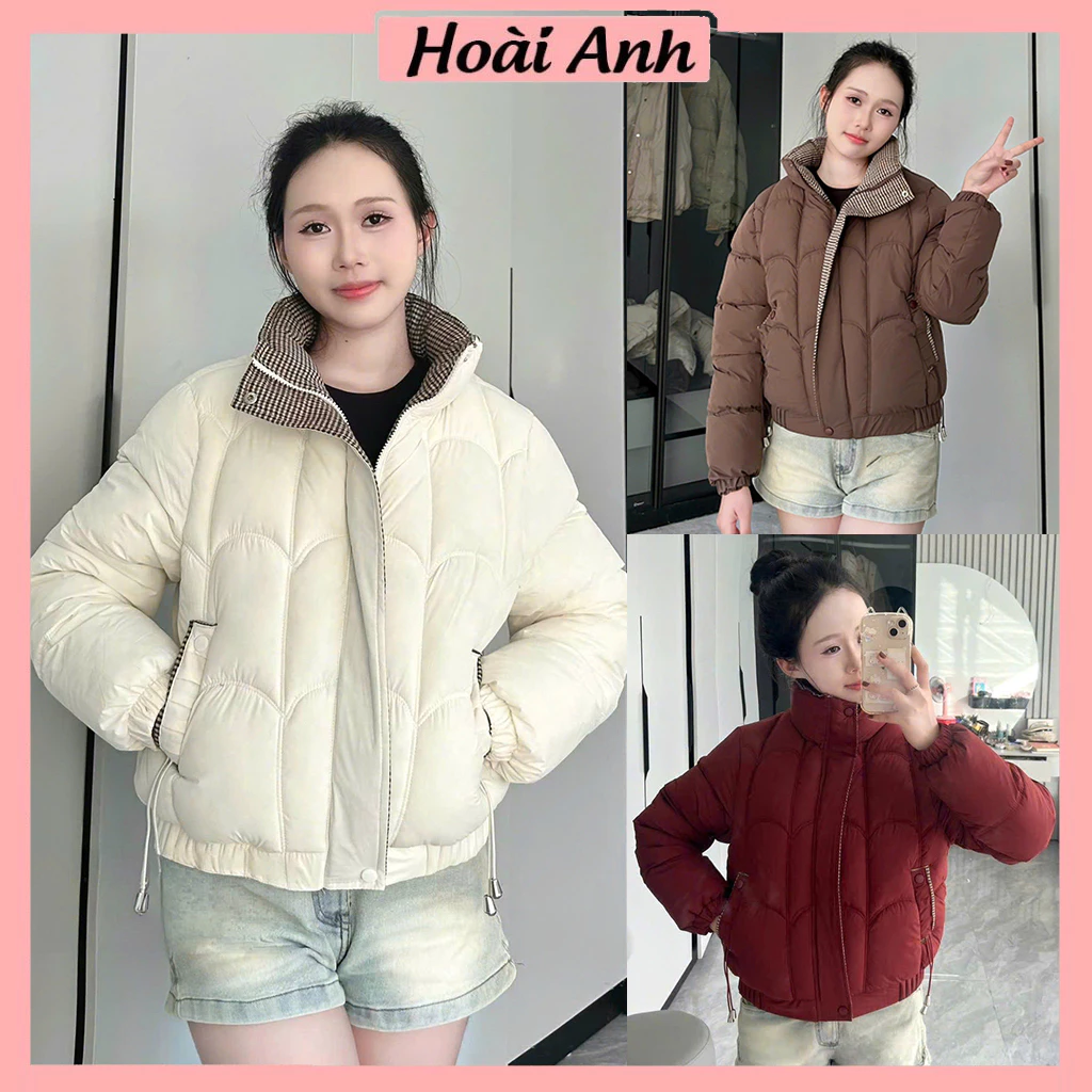 Áo Khoác Phao Nữ Trần Bông Phối Cổ Viền Kẻ Caro Nâu Dáng Lửng Chun Gấu
